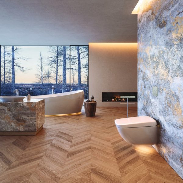 Ein Badezimmer mit Holzboden und Bergblick. | casaceramica