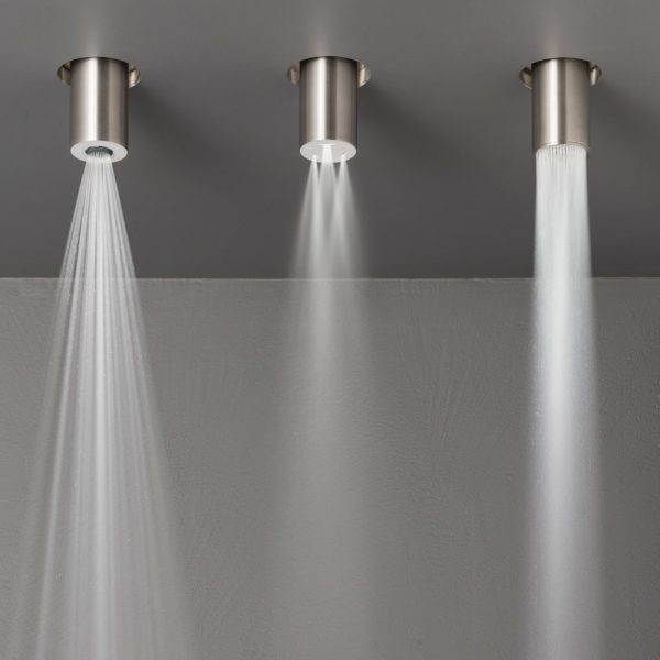 Drei Duschköpfe werden in einer Badausstellung auf grauem Hintergrund angezeigt. | casaceramica